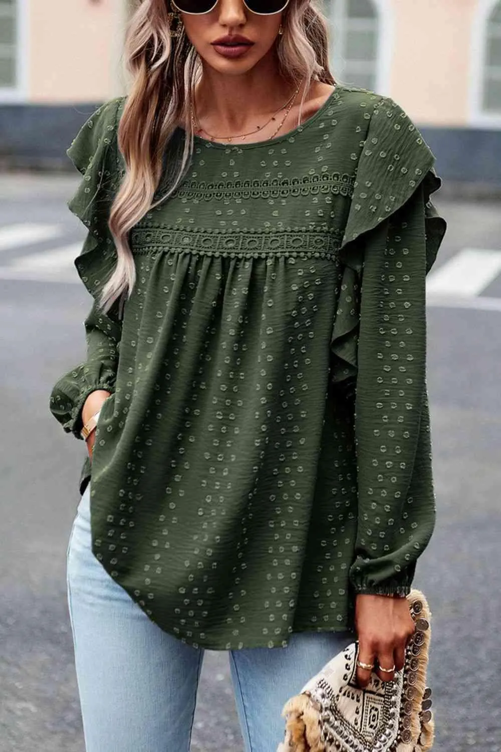 Leisure Chic Crew Neck Ruffled Balloon Sleeve Blouse
