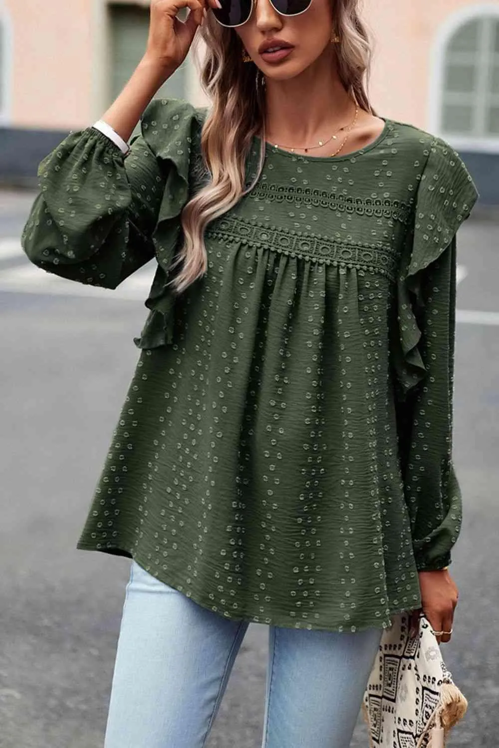 Leisure Chic Crew Neck Ruffled Balloon Sleeve Blouse
