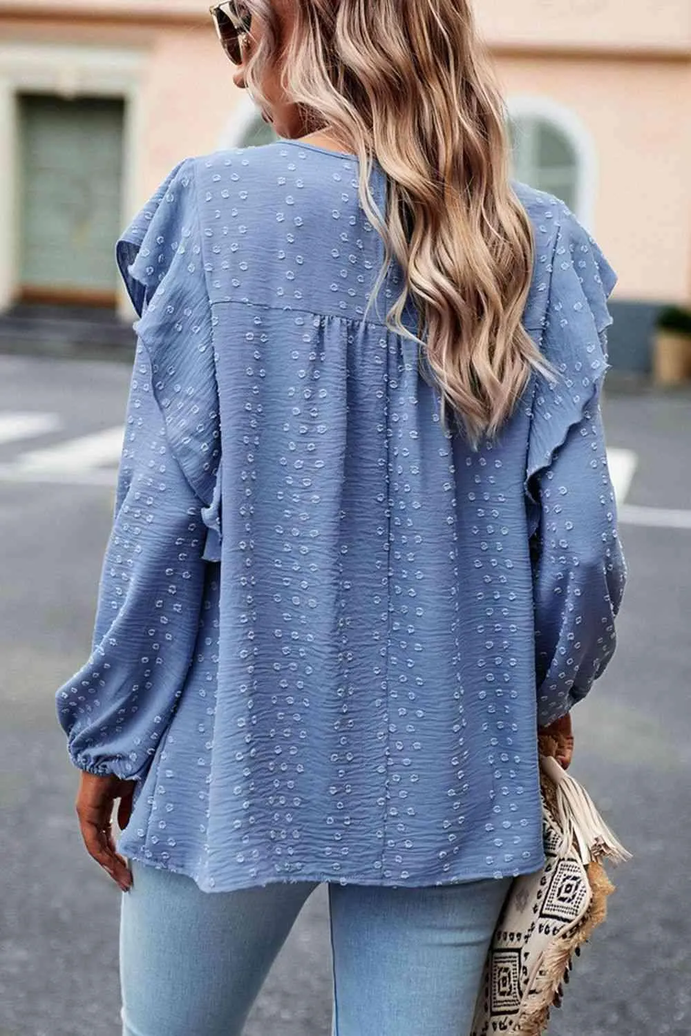 Leisure Chic Crew Neck Ruffled Balloon Sleeve Blouse