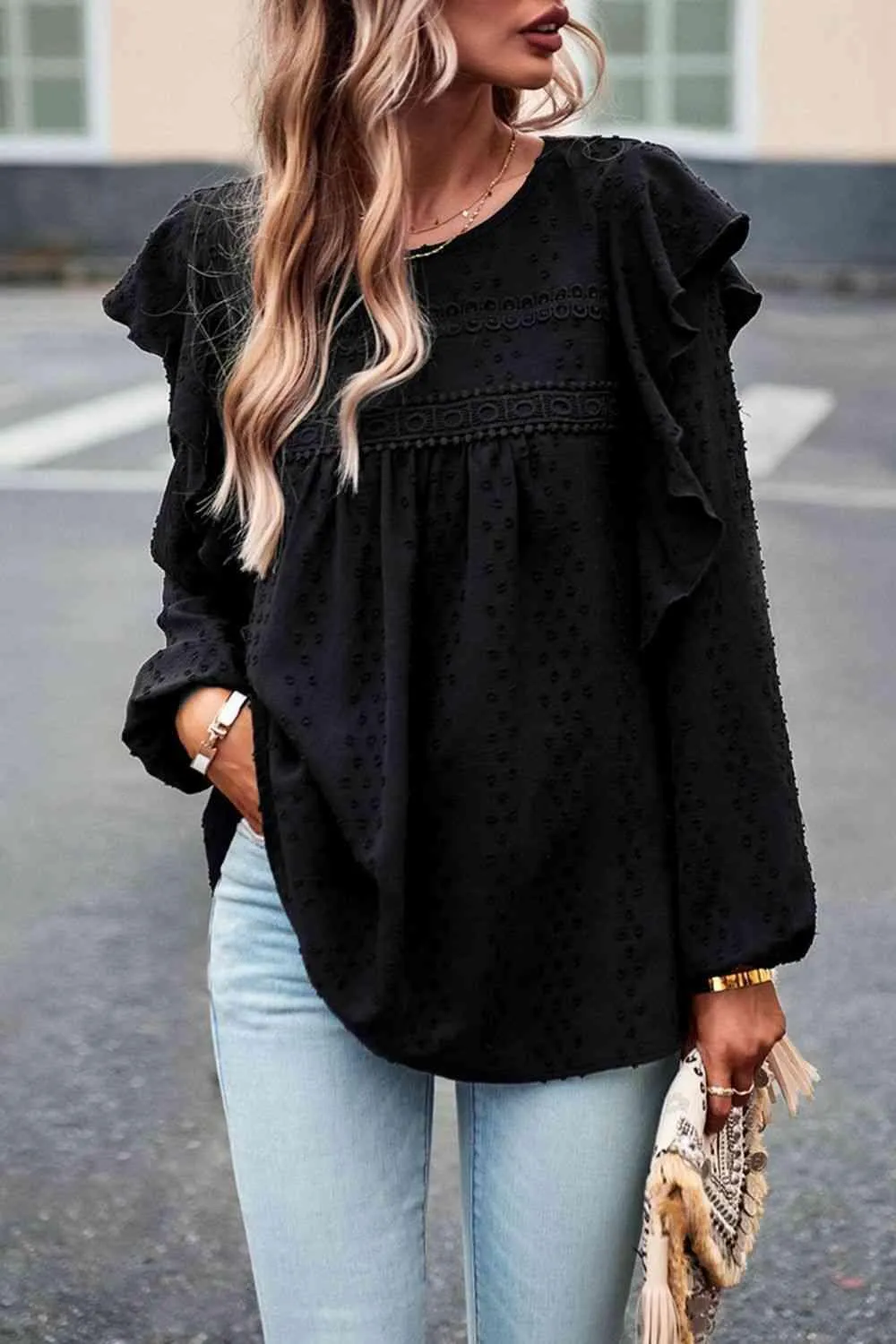 Leisure Chic Crew Neck Ruffled Balloon Sleeve Blouse