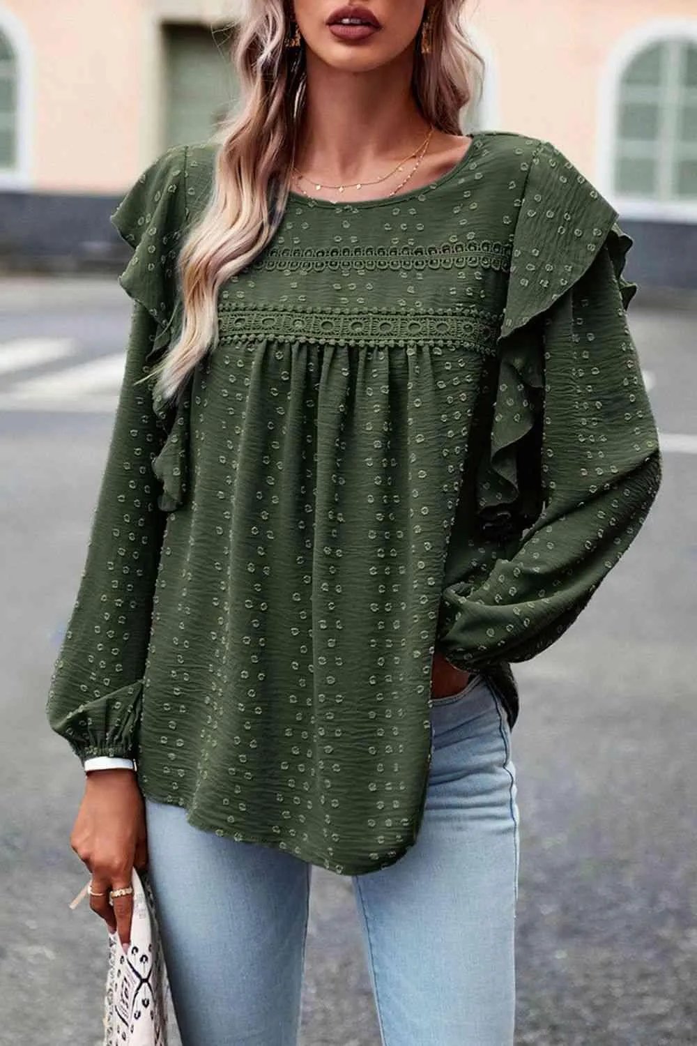 Leisure Chic Crew Neck Ruffled Balloon Sleeve Blouse