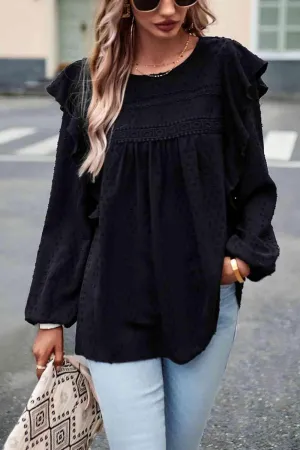 Leisure Chic Crew Neck Ruffled Balloon Sleeve Blouse
