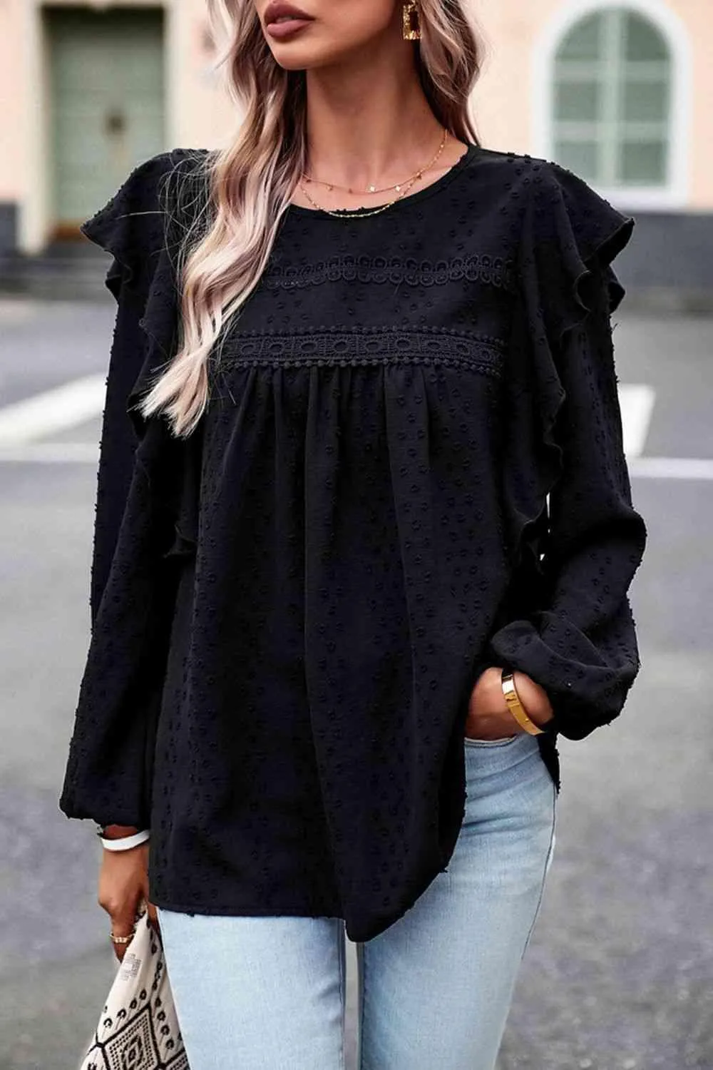 Leisure Chic Crew Neck Ruffled Balloon Sleeve Blouse