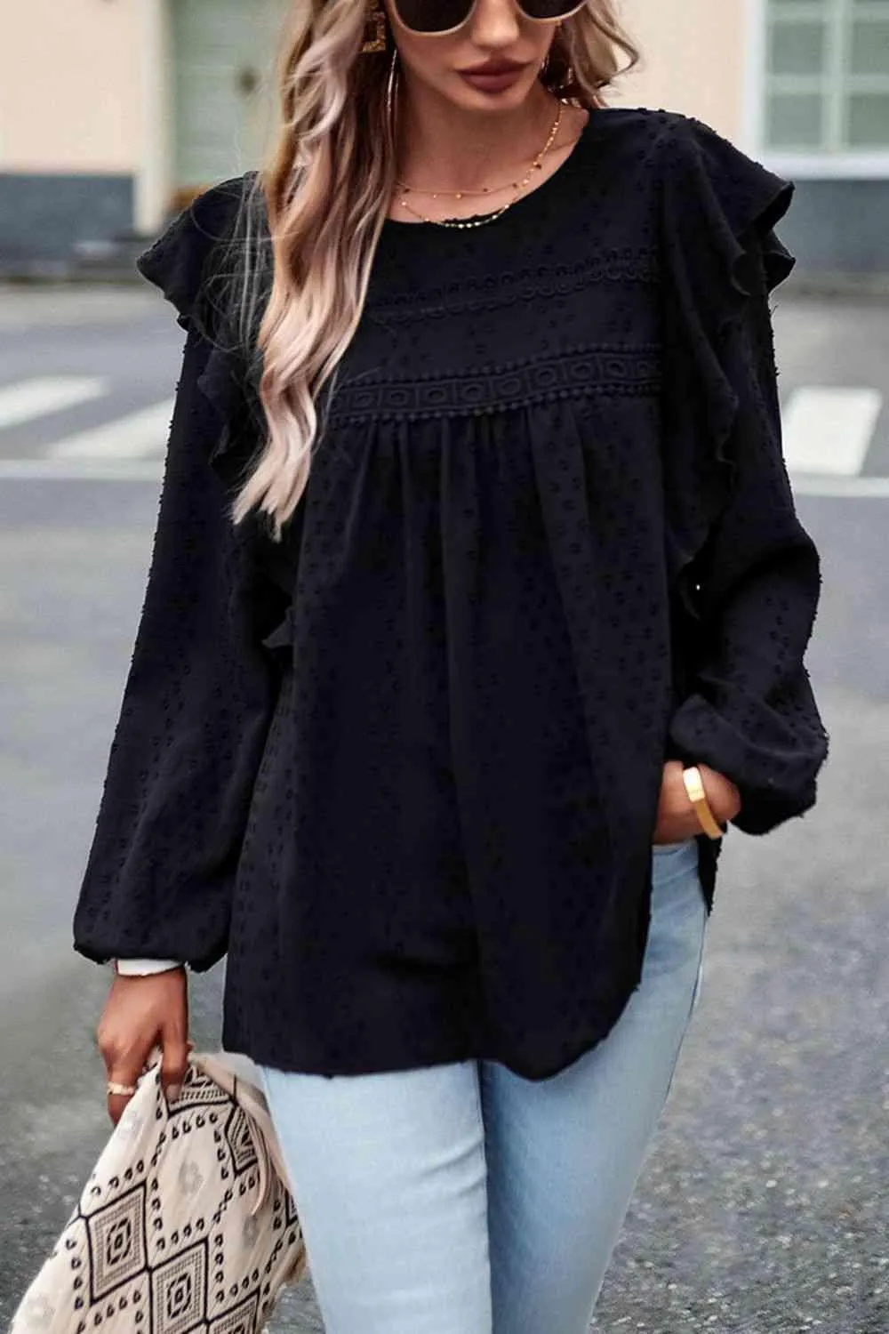 Leisure Chic Crew Neck Ruffled Balloon Sleeve Blouse