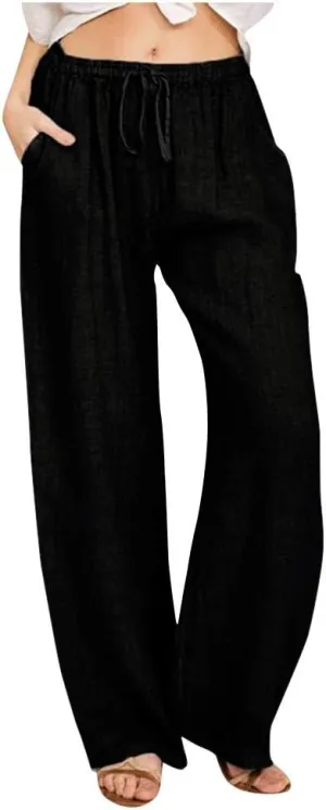 Linen Wide Leg Pants for Women Trendy Casual Drawstring High Waist Pant Loose Lightweight Long Palazzo Trousers