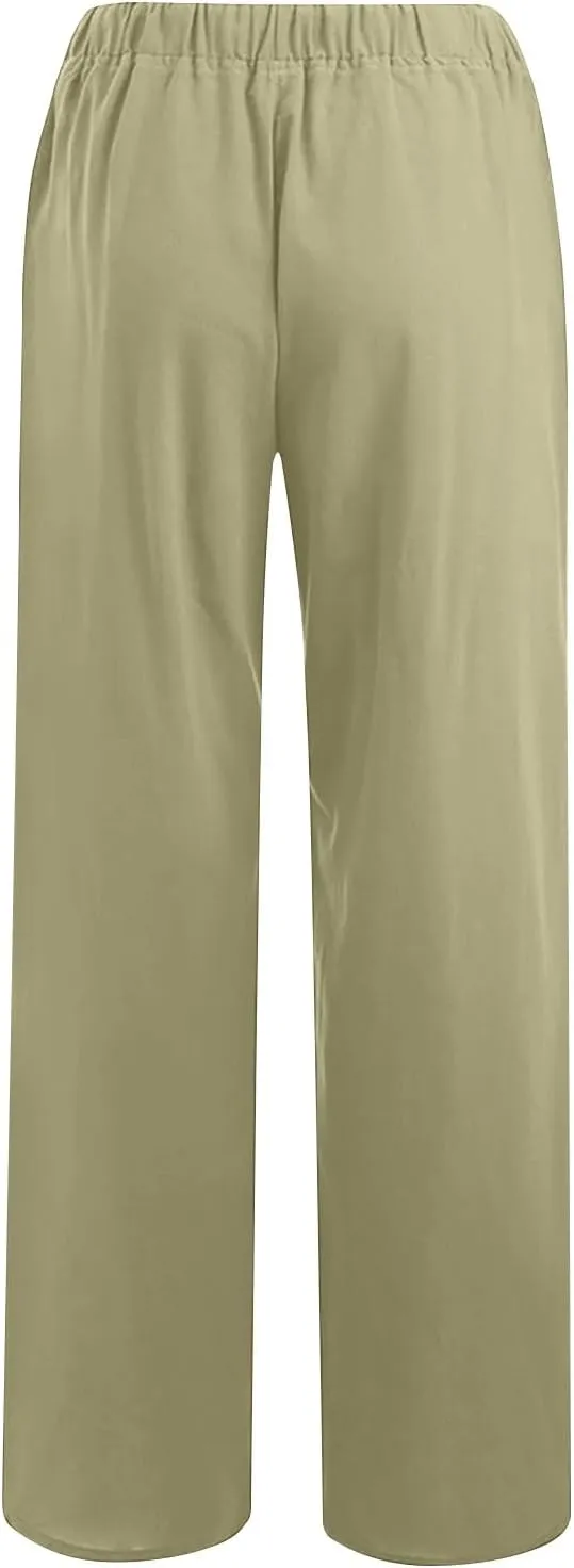 Linen Wide Leg Pants for Women Trendy Casual Drawstring High Waist Pant Loose Lightweight Long Palazzo Trousers