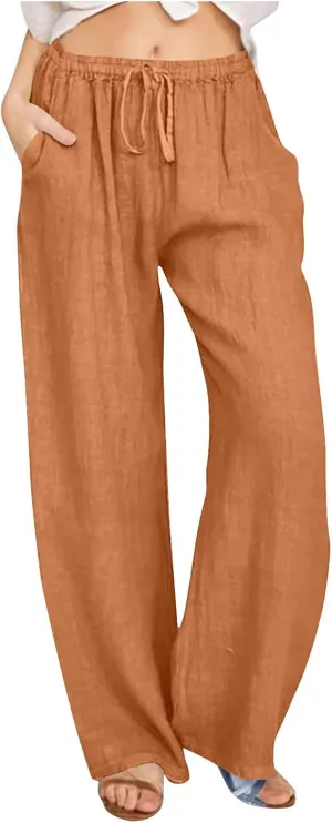 Linen Wide Leg Pants for Women Trendy Casual Drawstring High Waist Pant Loose Lightweight Long Palazzo Trousers