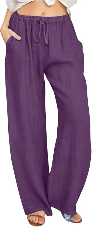 Linen Wide Leg Pants for Women Trendy Casual Drawstring High Waist Pant Loose Lightweight Long Palazzo Trousers
