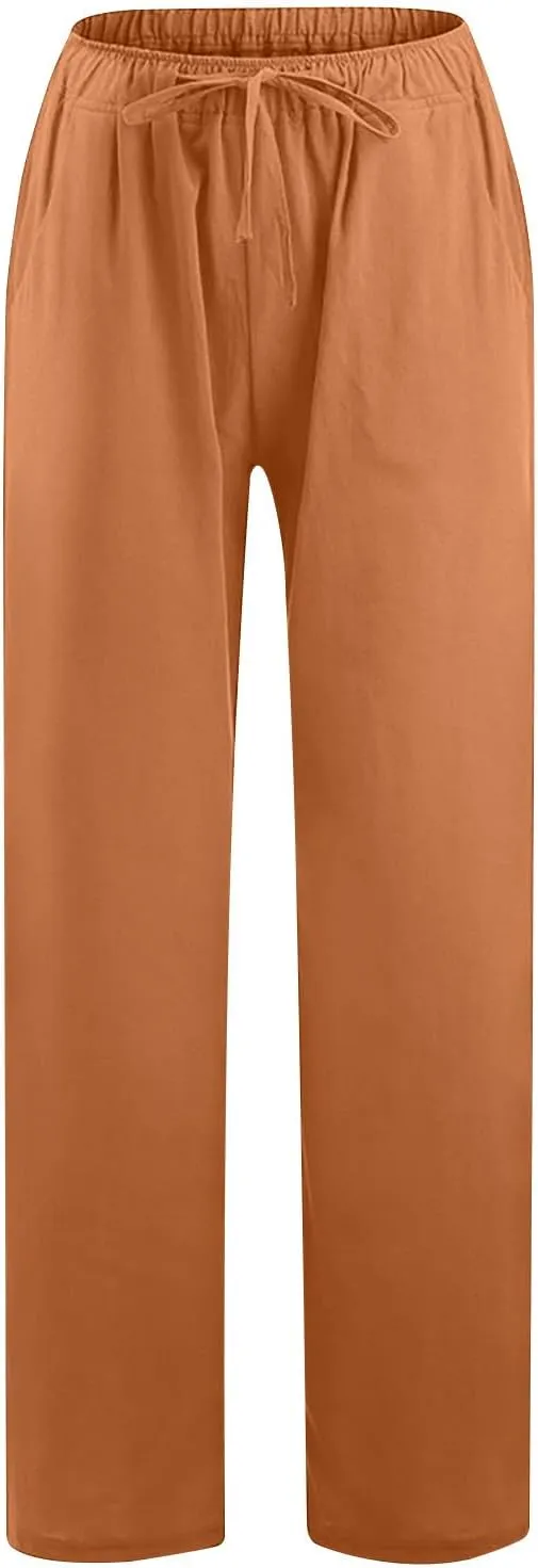Linen Wide Leg Pants for Women Trendy Casual Drawstring High Waist Pant Loose Lightweight Long Palazzo Trousers