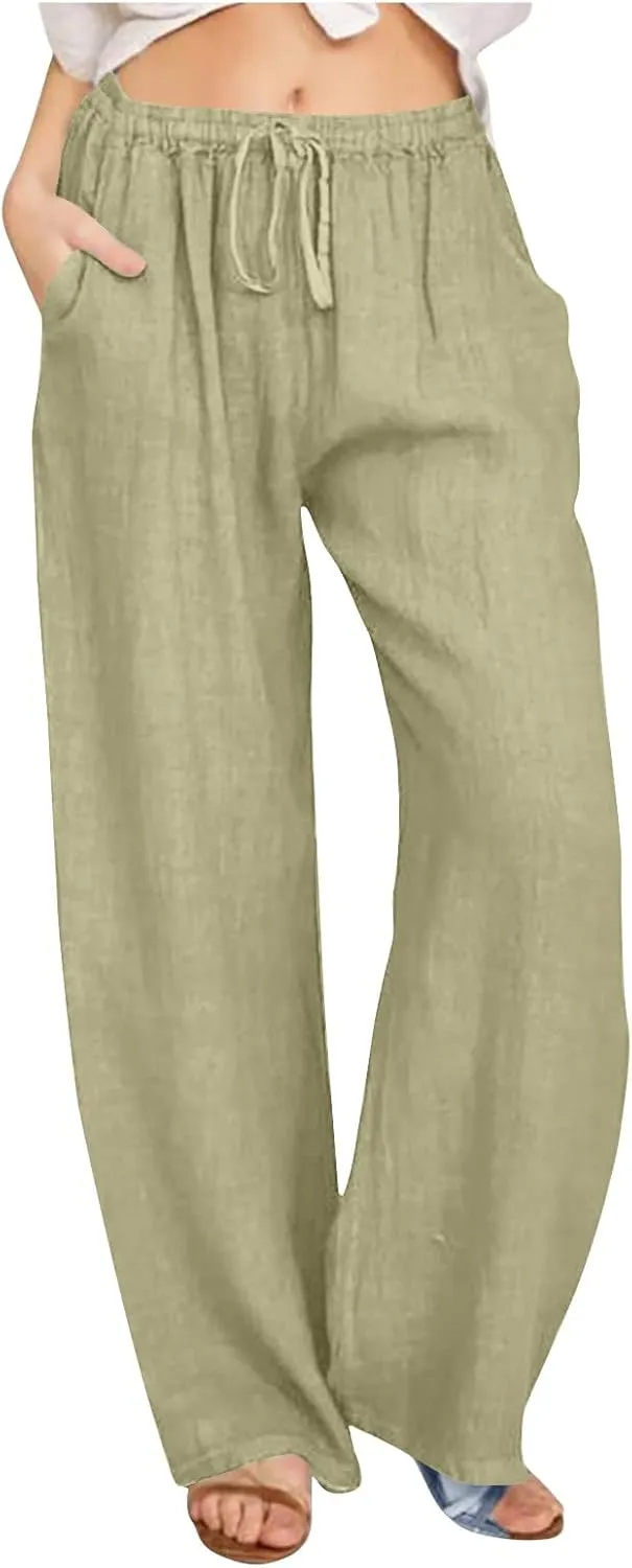 Linen Wide Leg Pants for Women Trendy Casual Drawstring High Waist Pant Loose Lightweight Long Palazzo Trousers