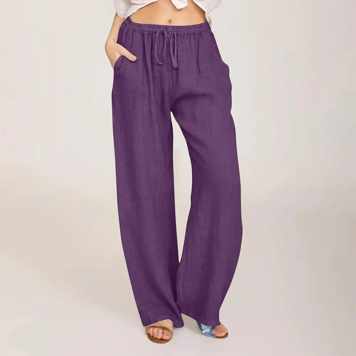 Linen Wide Leg Pants for Women Trendy Casual Drawstring High Waist Pant Loose Lightweight Long Palazzo Trousers