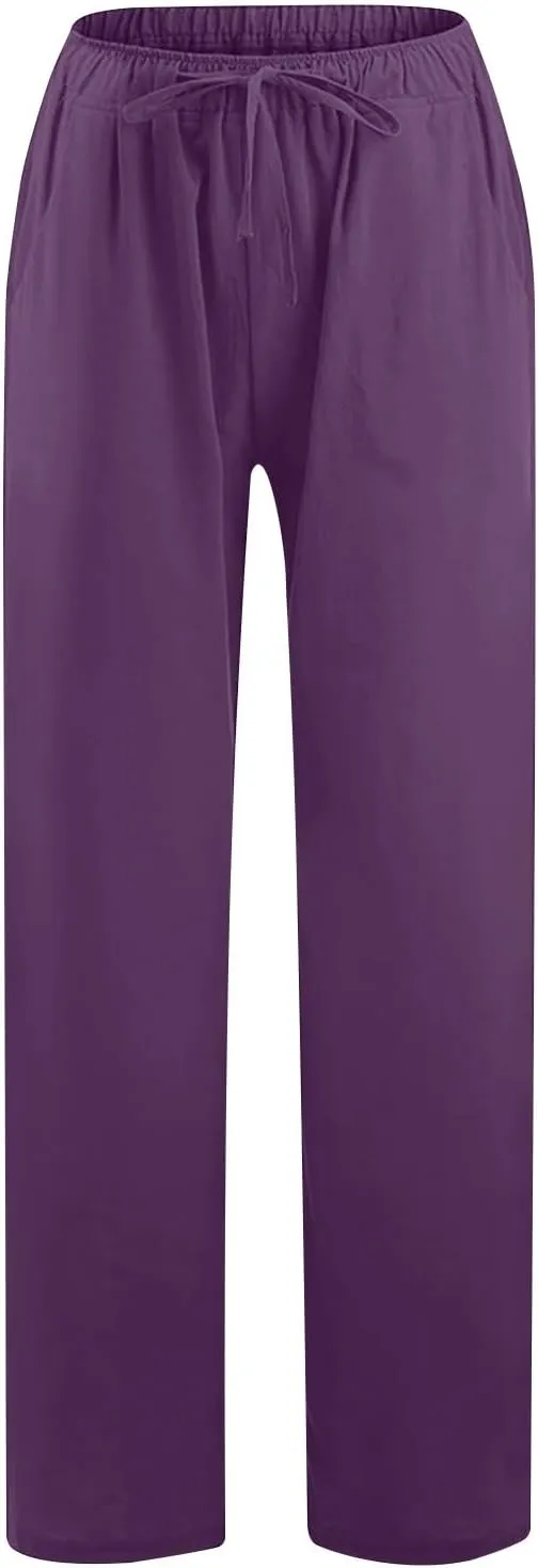 Linen Wide Leg Pants for Women Trendy Casual Drawstring High Waist Pant Loose Lightweight Long Palazzo Trousers