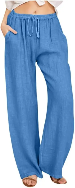 Linen Wide Leg Pants for Women Trendy Casual Drawstring High Waist Pant Loose Lightweight Long Palazzo Trousers