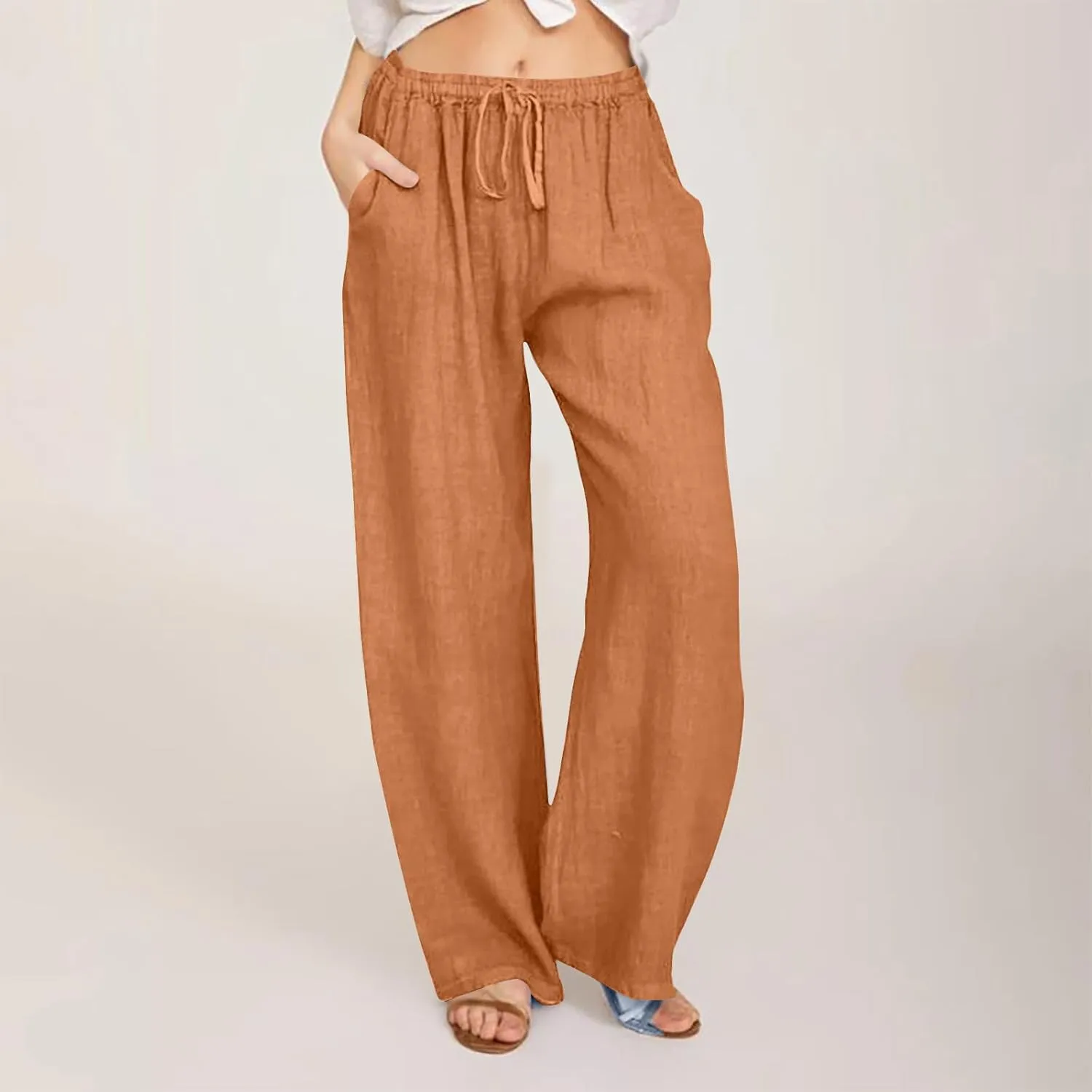 Linen Wide Leg Pants for Women Trendy Casual Drawstring High Waist Pant Loose Lightweight Long Palazzo Trousers