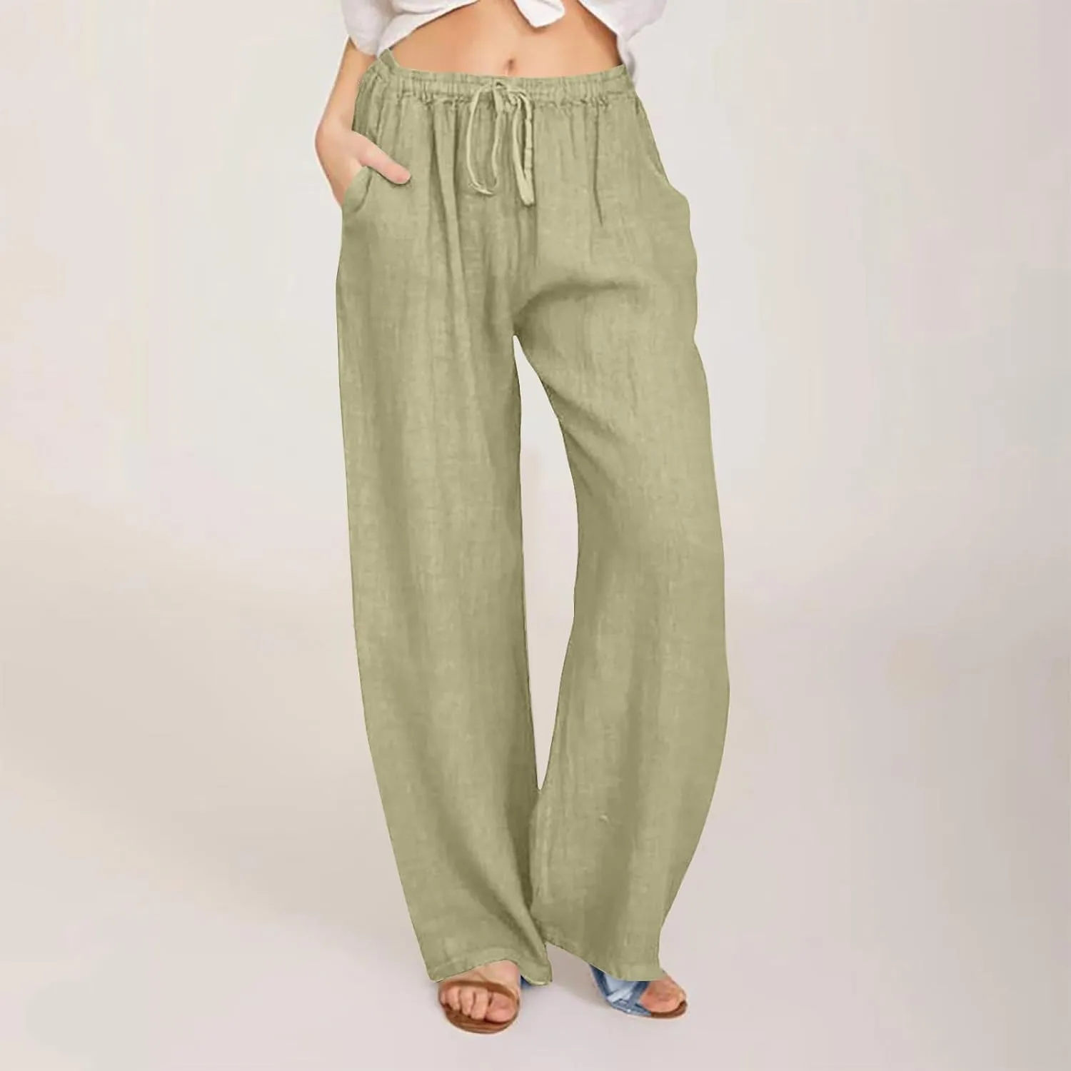 Linen Wide Leg Pants for Women Trendy Casual Drawstring High Waist Pant Loose Lightweight Long Palazzo Trousers