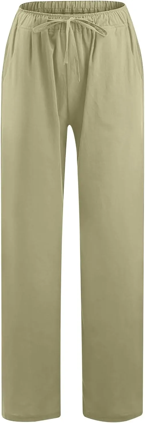 Linen Wide Leg Pants for Women Trendy Casual Drawstring High Waist Pant Loose Lightweight Long Palazzo Trousers