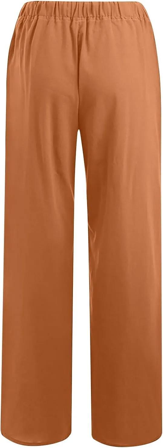 Linen Wide Leg Pants for Women Trendy Casual Drawstring High Waist Pant Loose Lightweight Long Palazzo Trousers