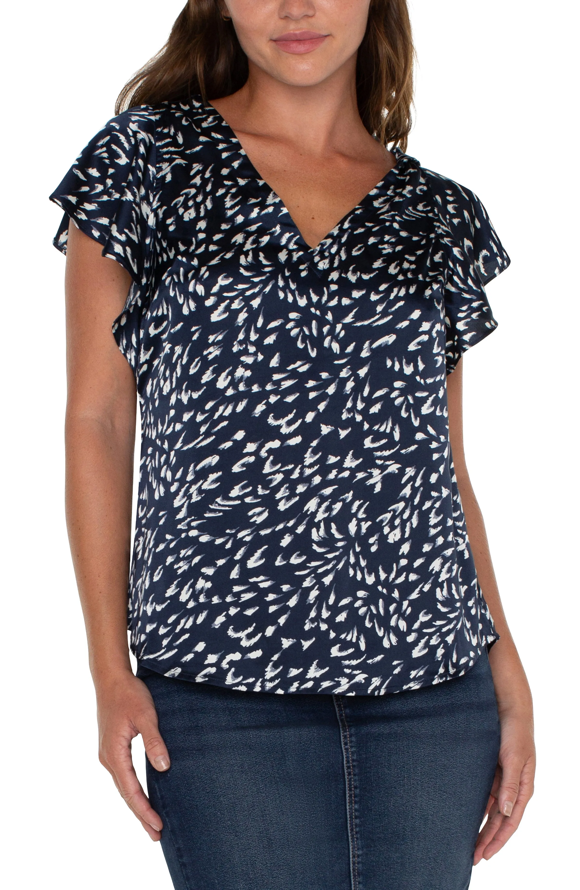 Liverpool Double V Neck Flutter Sleeve Top (Navy Multi Print)