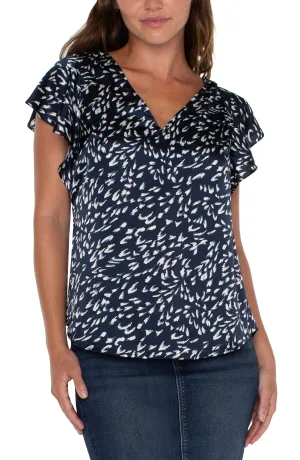 Liverpool Double V Neck Flutter Sleeve Top (Navy Multi Print)