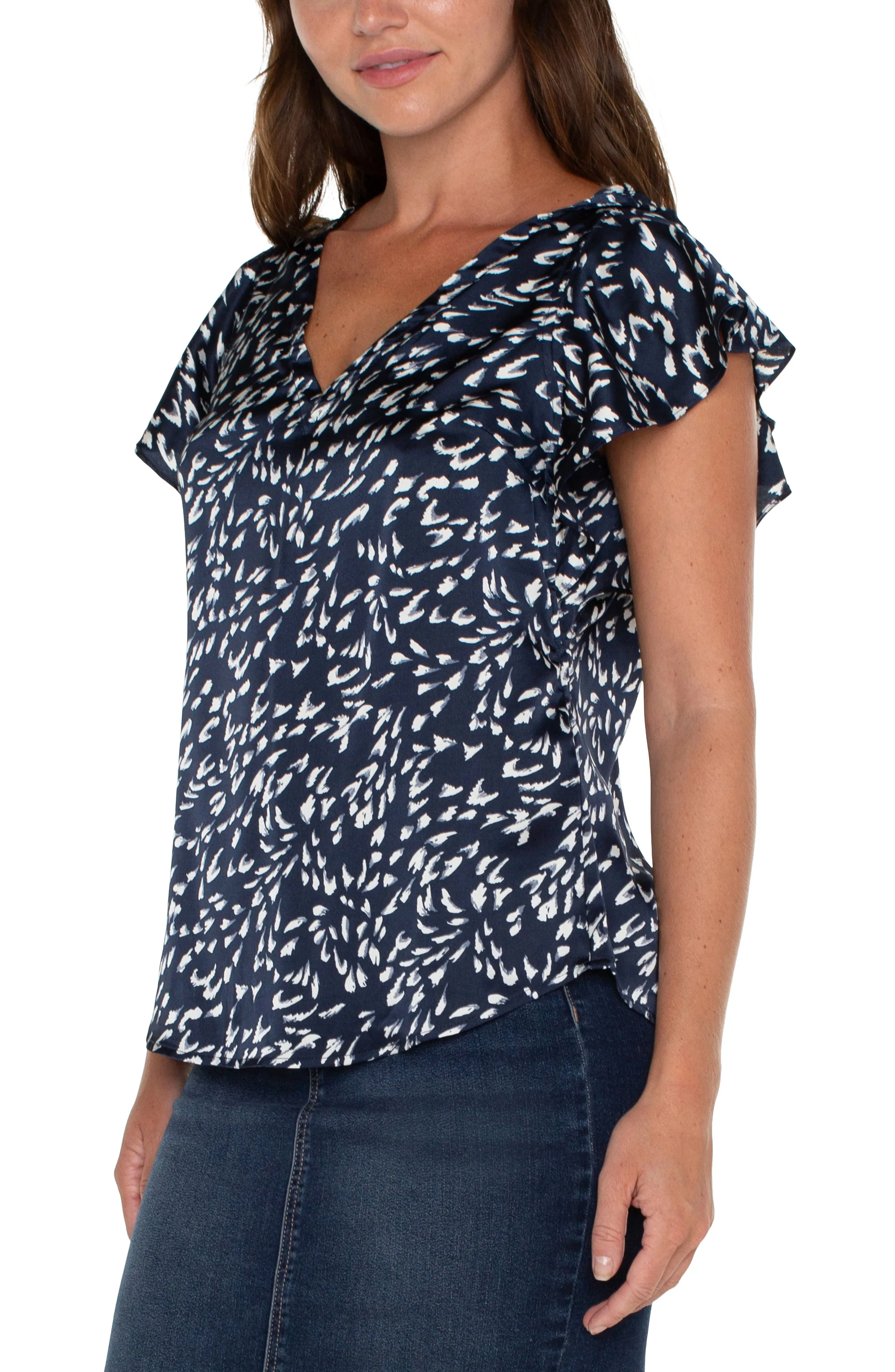 Liverpool Double V Neck Flutter Sleeve Top (Navy Multi Print)