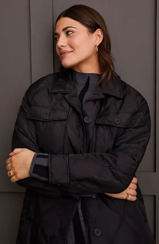 LONG QUILTED BUTTON-UP JACKET WITH POCKETS