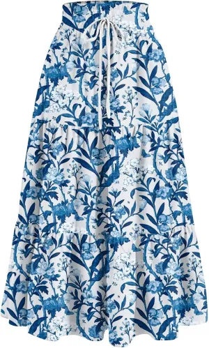 Long Skirts for Women 2025 Summer Floral Print Pleated Dress High Waist A Line Maxi Skirts Beach Flowy Boho Dresses