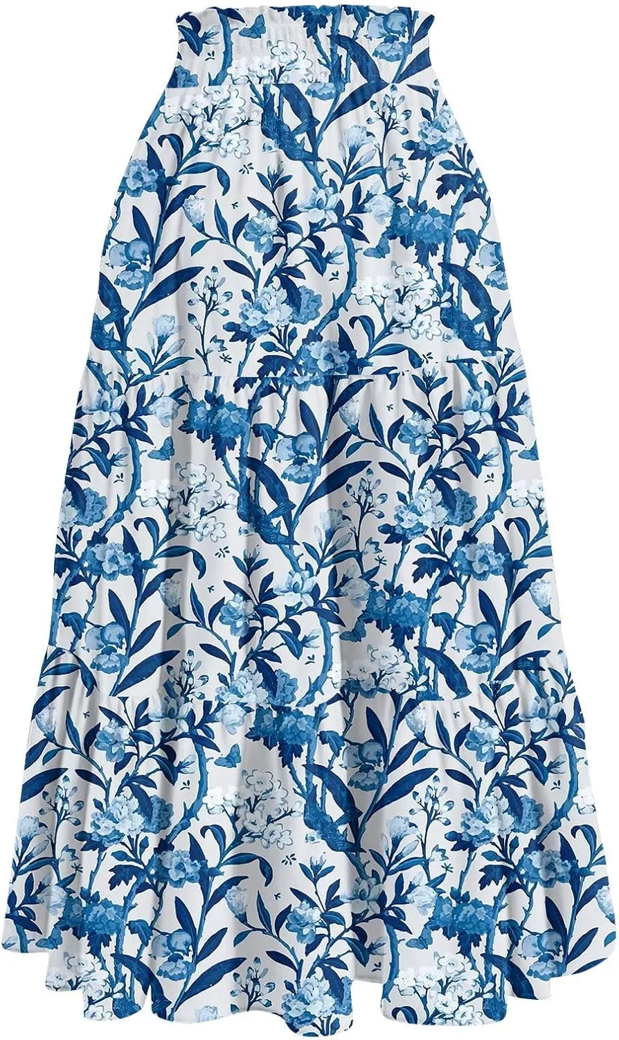 Long Skirts for Women 2025 Summer Floral Print Pleated Dress High Waist A Line Maxi Skirts Beach Flowy Boho Dresses
