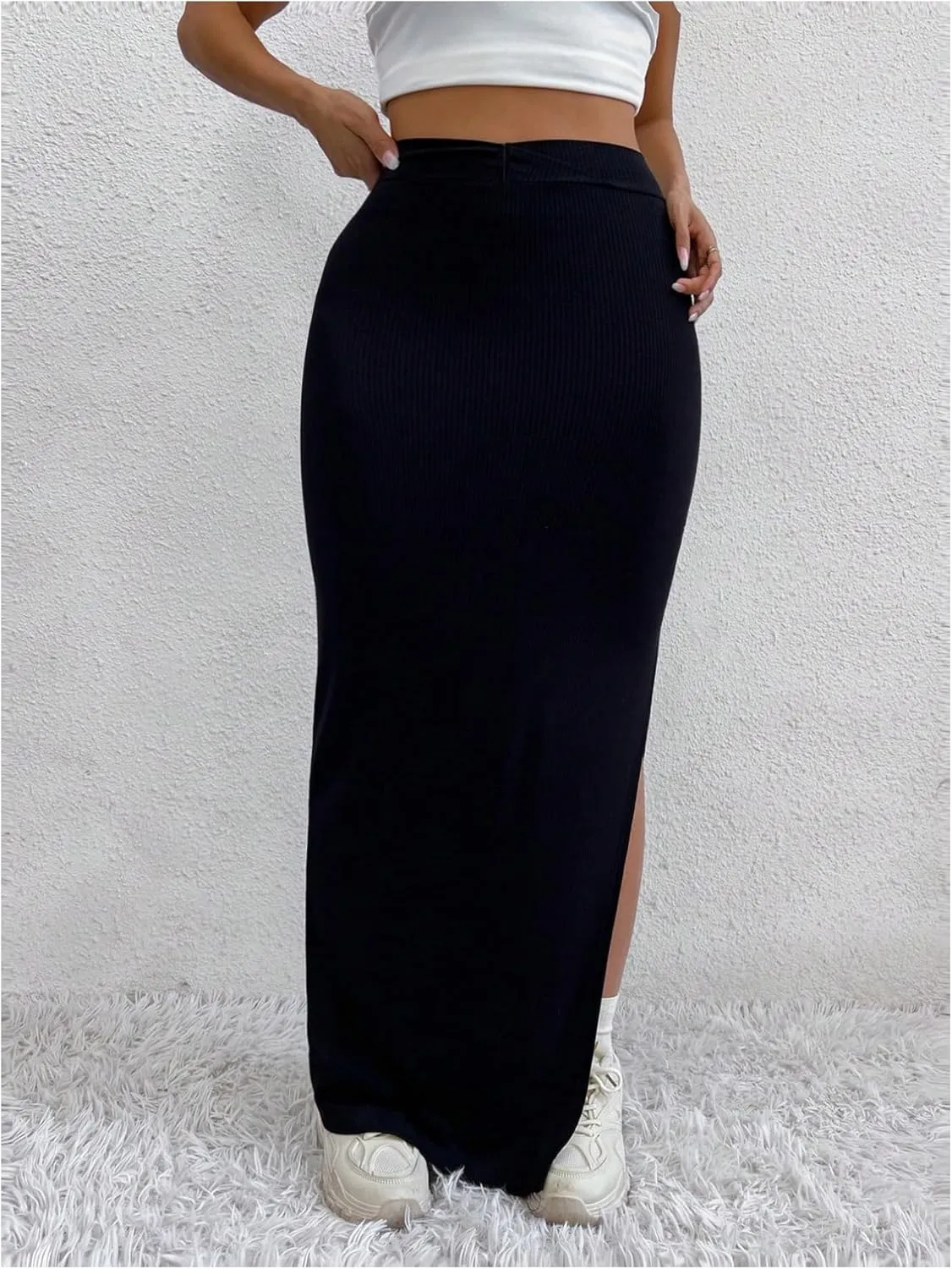 MakeMeChic Women's Elastic High Waisted Split Thigh Skirts Casual Bodycon Pencil Maxi Long Skirt