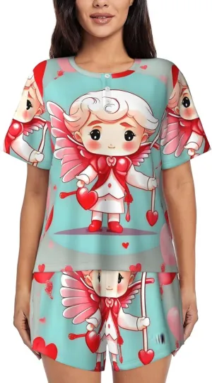 Medium Women's Short-Sleeved Pajama Set - Skin-Friendly Cute loving boy Print Sleepwear for Comfortable Nights and Loungewear Black