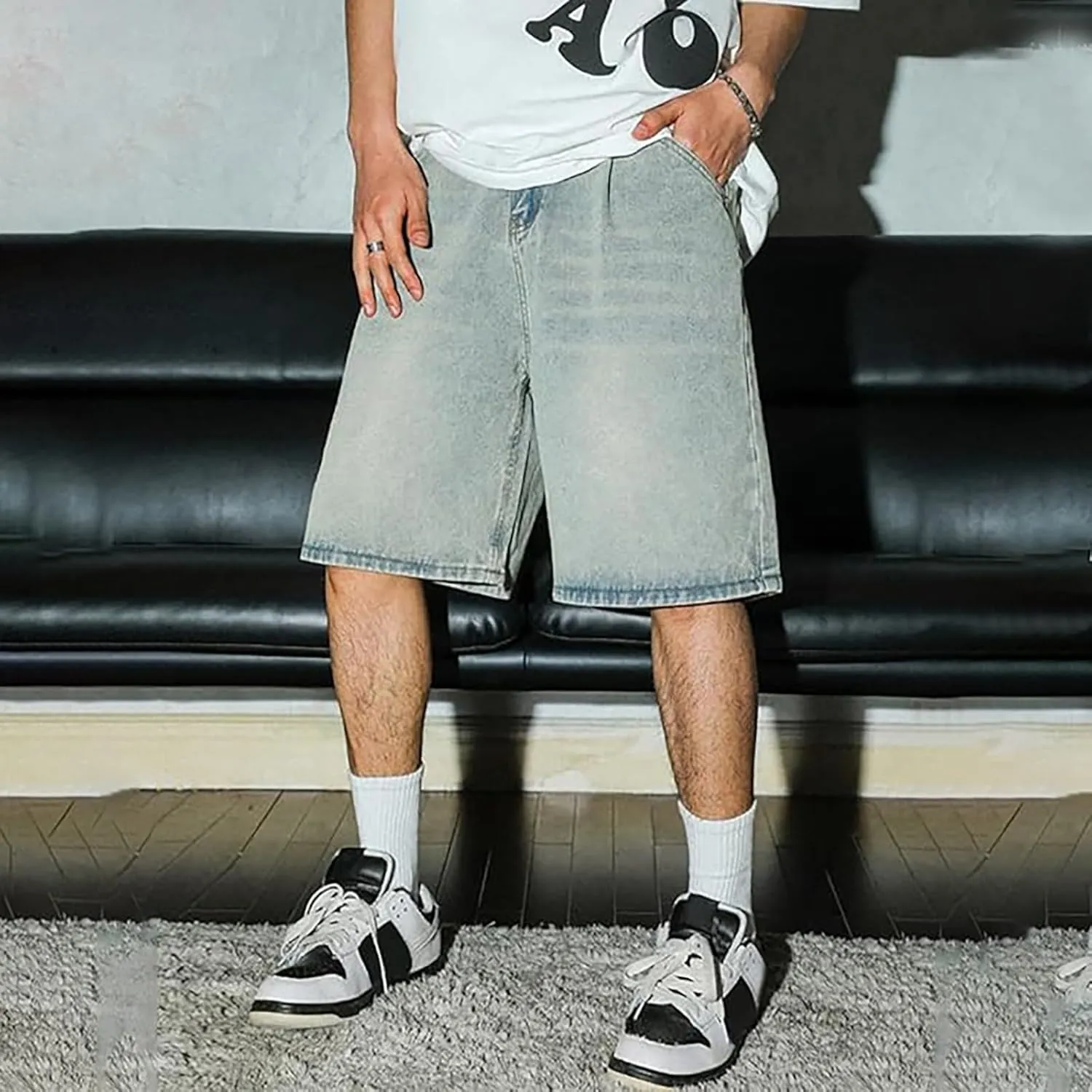 Men Baggy Jean Shorts Loose Fit Mid Denim Shorts Wide Leg Skateboard Pants Trendy Outfits