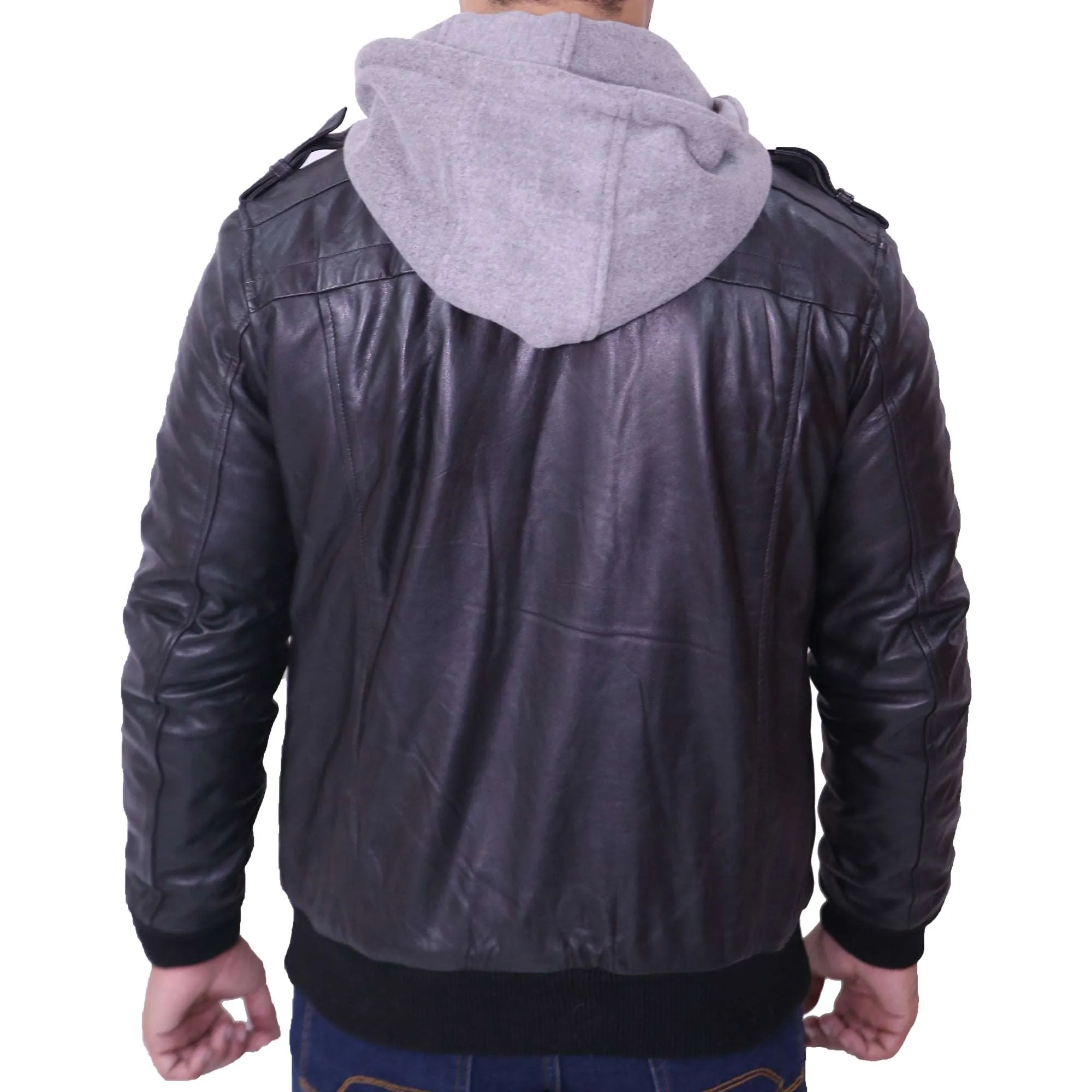 Men's Grey Removable Hood Black Leather Jacket