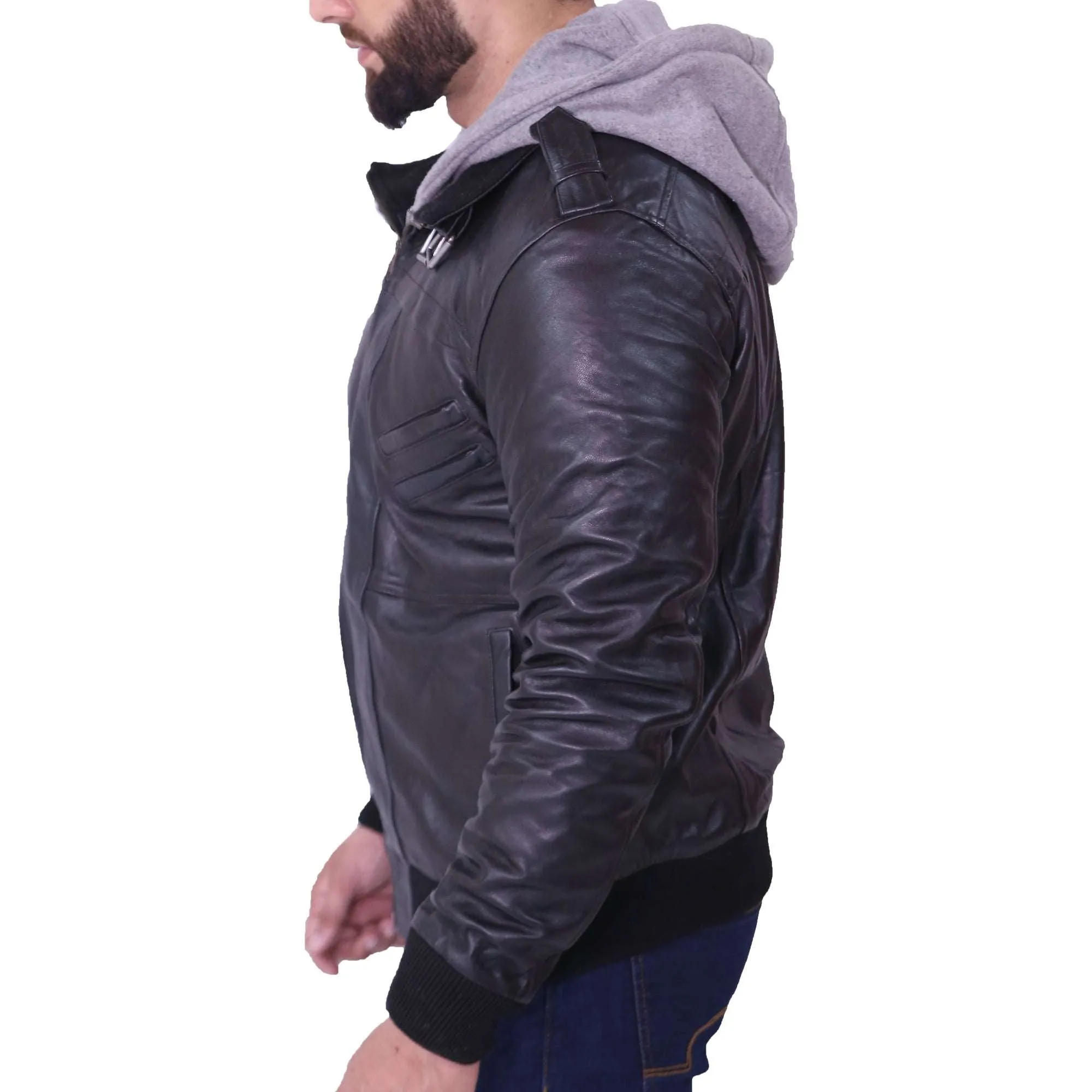 Men's Grey Removable Hood Black Leather Jacket