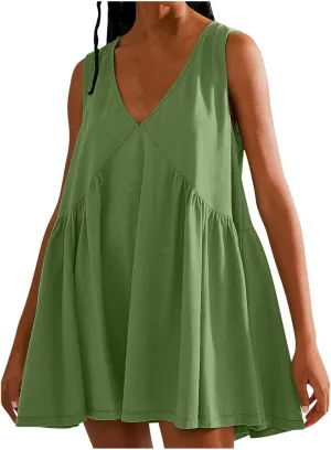 Mini Dresses for Women Summer Loose V-Neck Sundress Solid High Waisted Pleated Sundresses Flowy Ruffle Beach Dresses, XX-Large, 01 Green