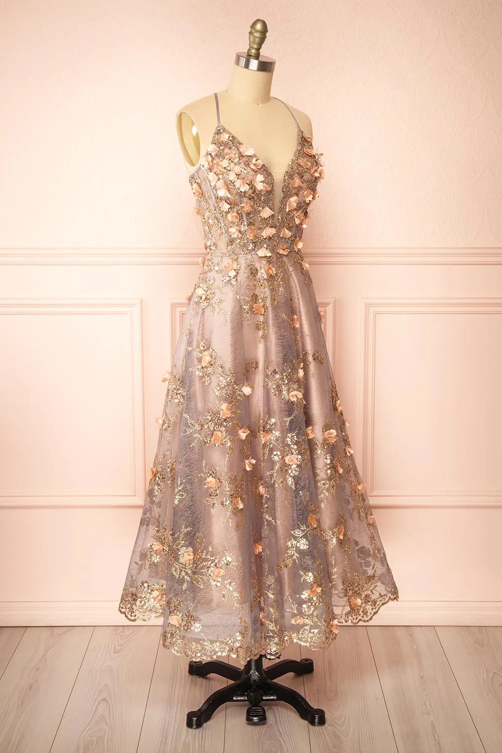Mynia | Midi Gown w/ Floral Appliqués
