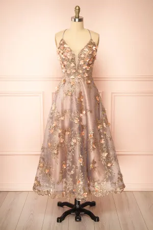 Mynia | Midi Gown w/ Floral Appliqués