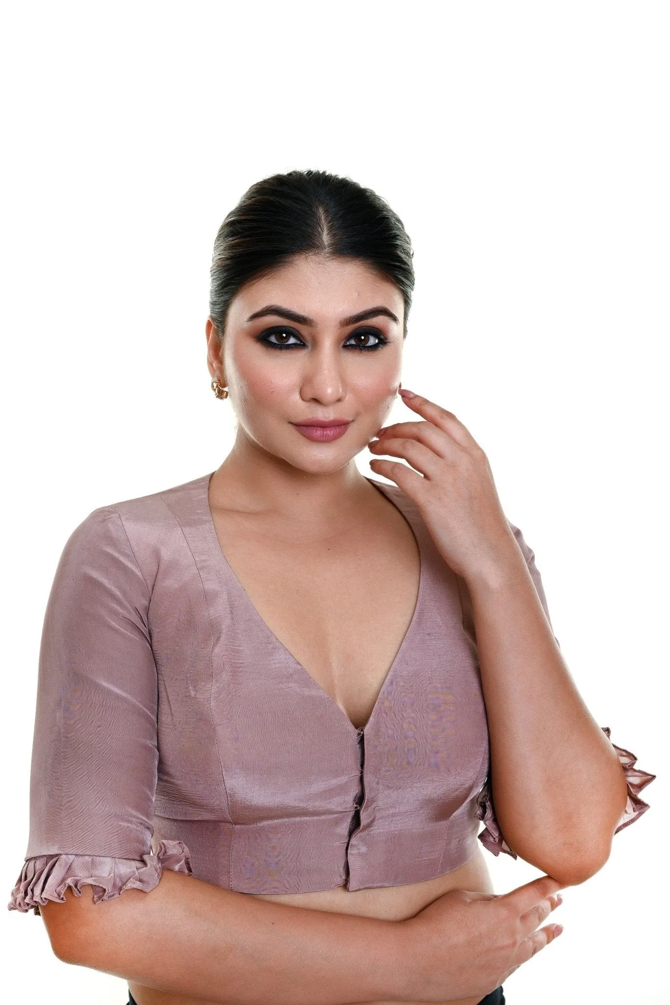 Nude Pink Satin Silk Blouse with Pleated Half Sleeves and Curved V-neckline