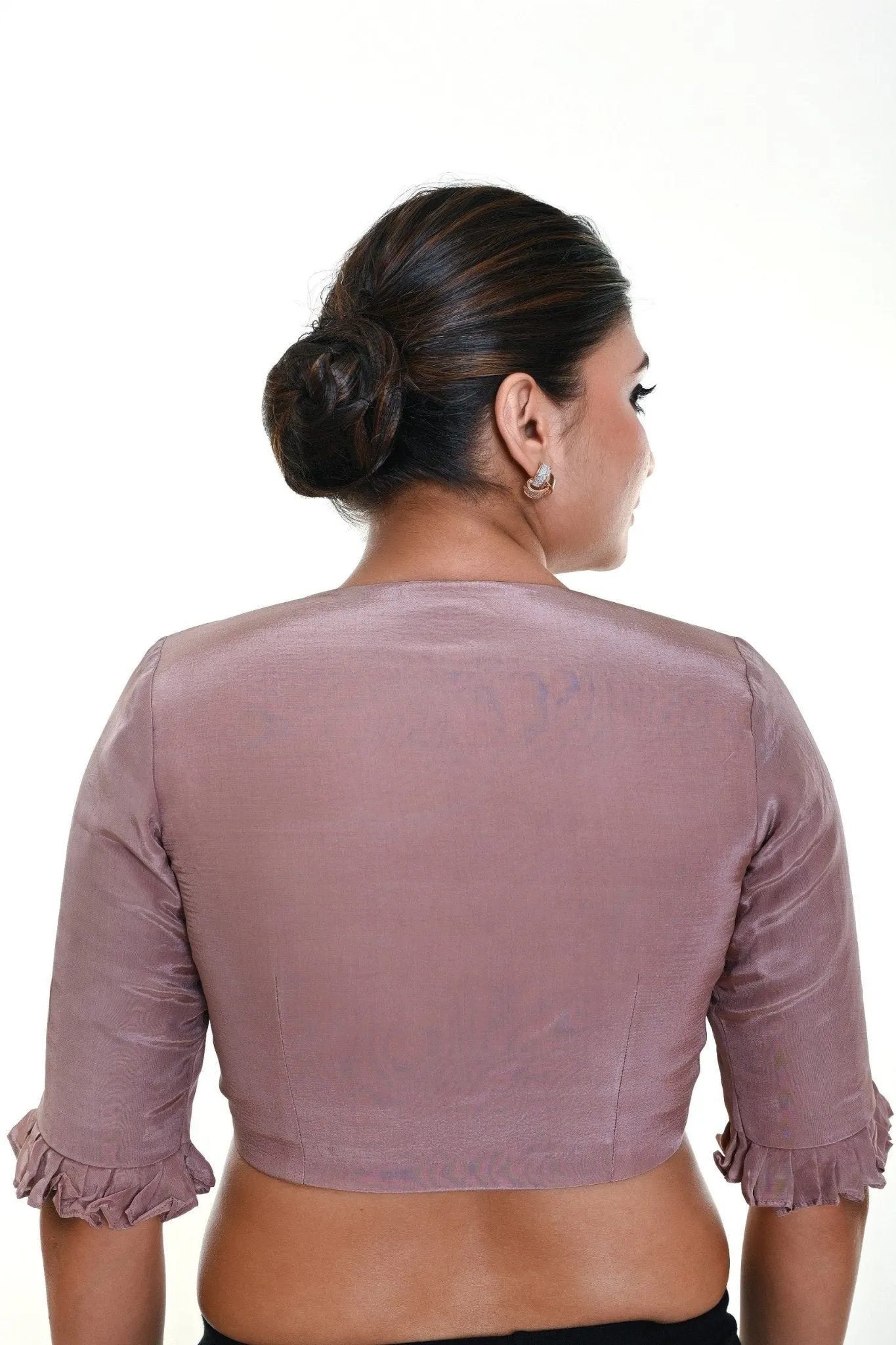 Nude Pink Satin Silk Blouse with Pleated Half Sleeves and Curved V-neckline