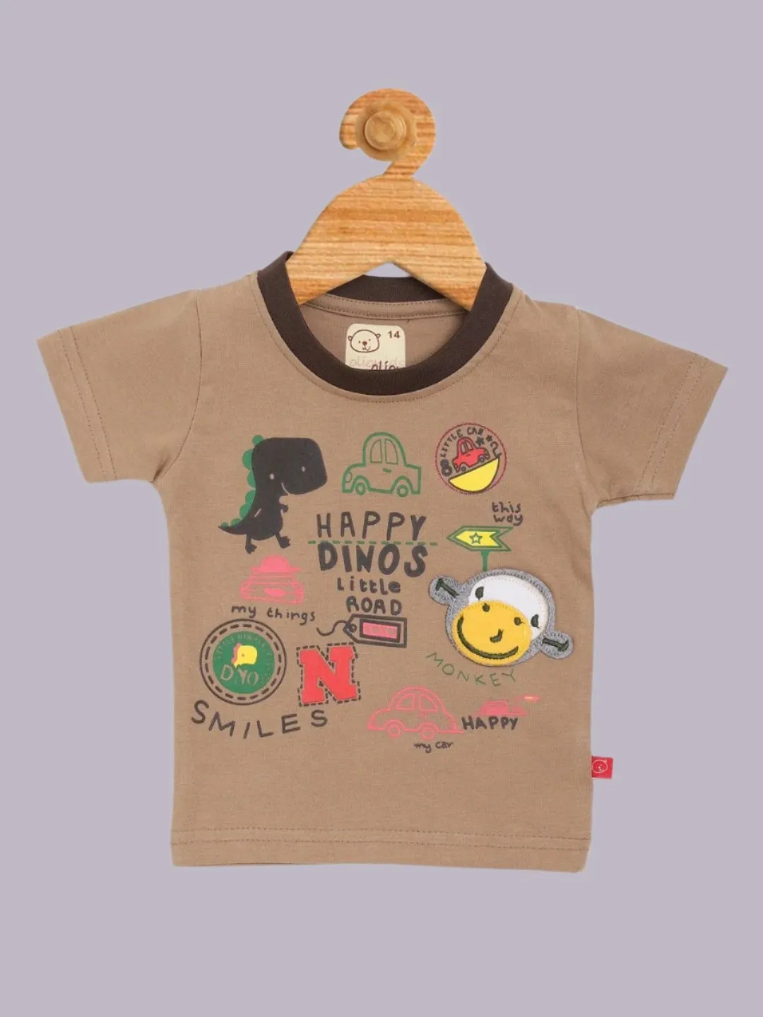 Olio Kids Boy’s Brown ‘Happy Dino’s Road’ T-Shirt and Denim Shorts Set