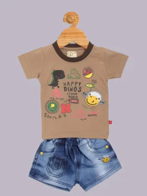 Olio Kids Boy’s Brown ‘Happy Dino’s Road’ T-Shirt and Denim Shorts Set