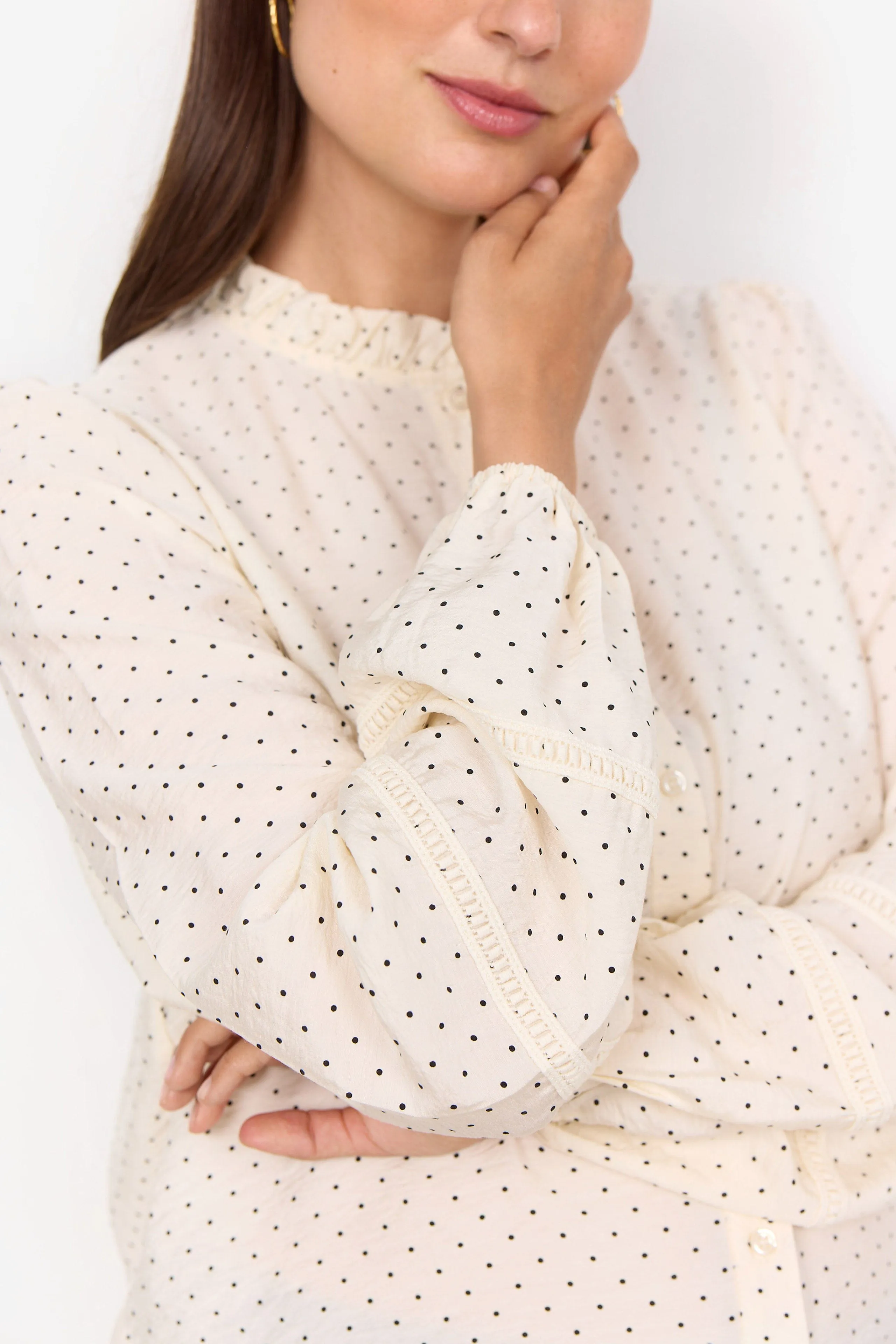 Orit Embroidery Detail Spotty Blouse - Cream Combi