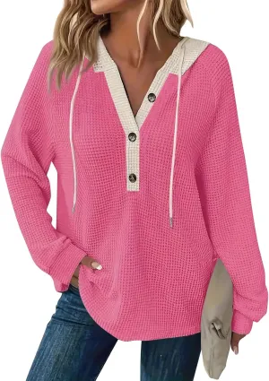 Oversized Hoodies for Women Trendy Waffle Knit V Neck Sweatshirt Cute Y2k Hoodie Long Sleeve Pullover Tops