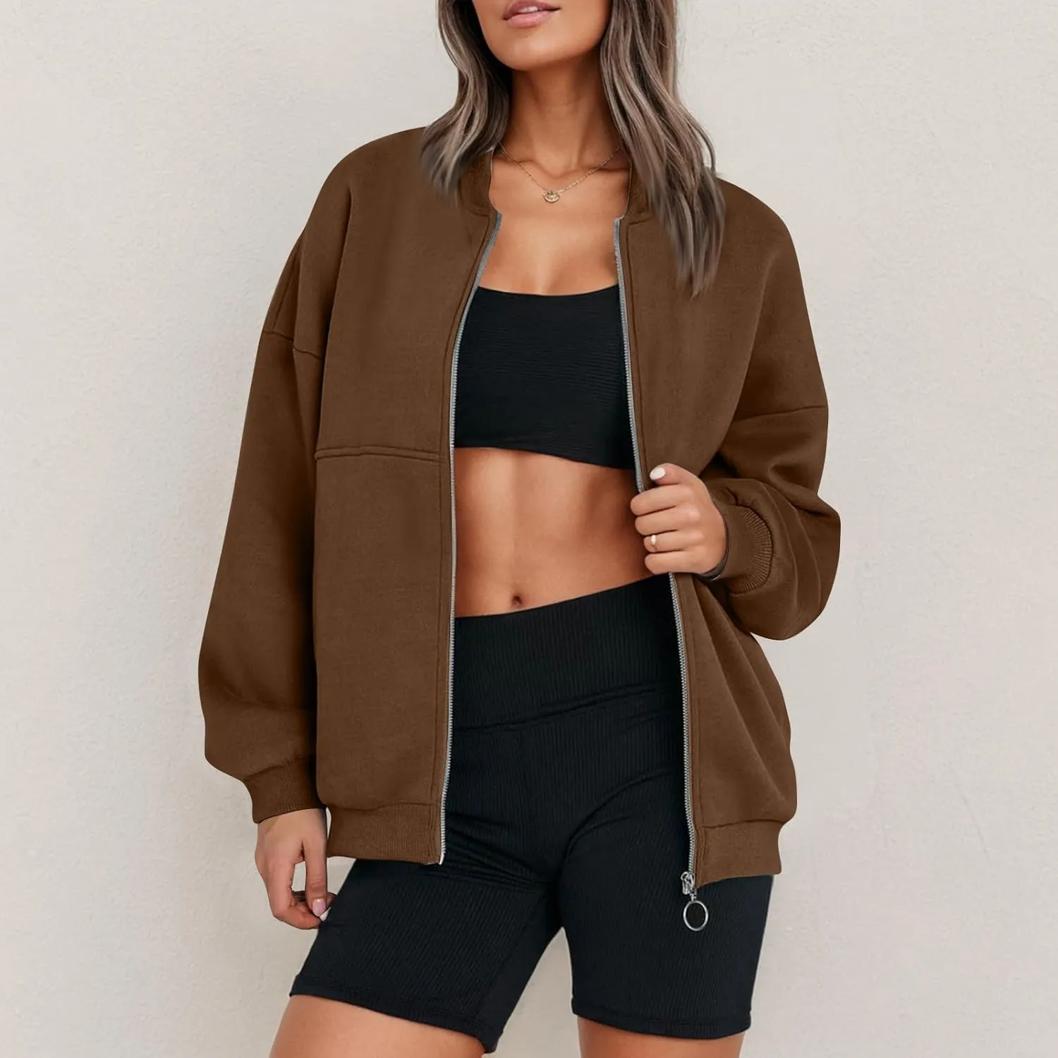 Oversized Zip Up Sweatshirt Women Fleece Bomber Zip Up Jacket Casual Teen Girls Athletic Sweat Jackets with Pockets