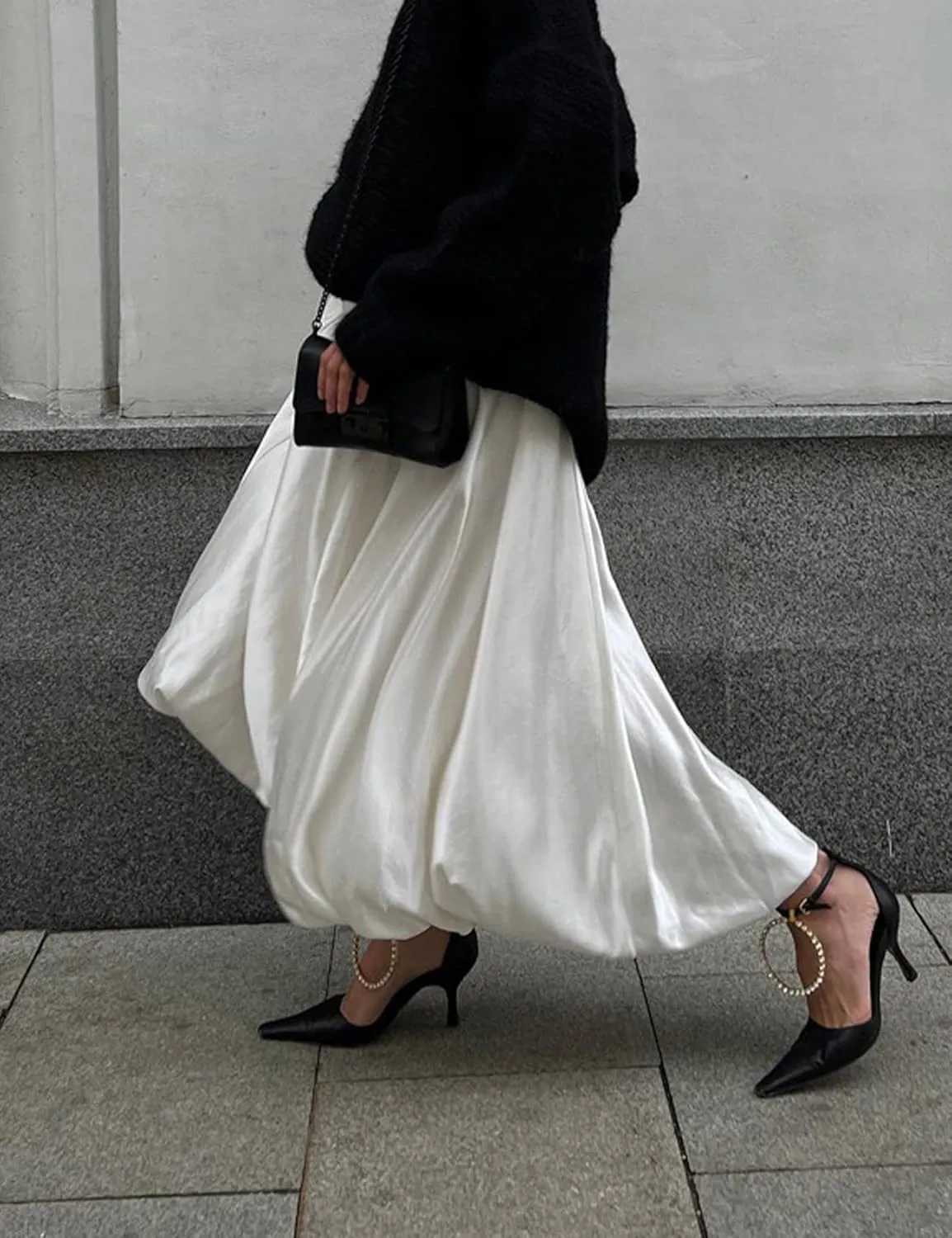 Perbai Women's High Waisted A Line Flare Satin Midi Skirt Balloon Party Skirt