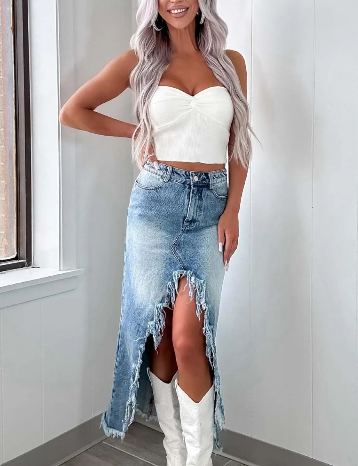 Perbai Womens High Waisted Ripped Long Denim Skirt Frayed Asymmetrical Front Split Jean Western Skirts