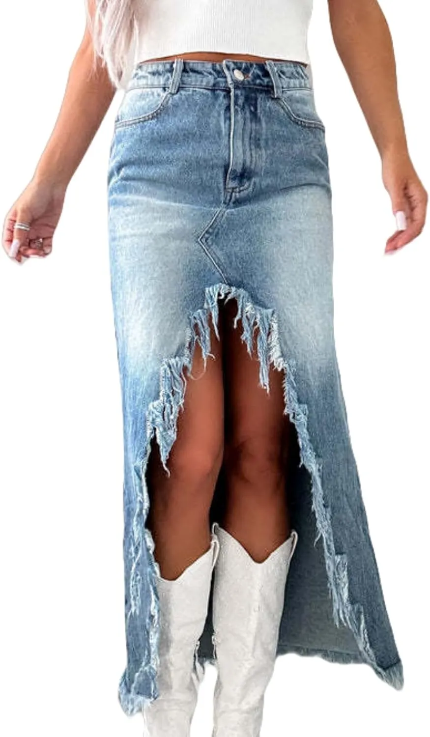 Perbai Womens High Waisted Ripped Long Denim Skirt Frayed Asymmetrical Front Split Jean Western Skirts