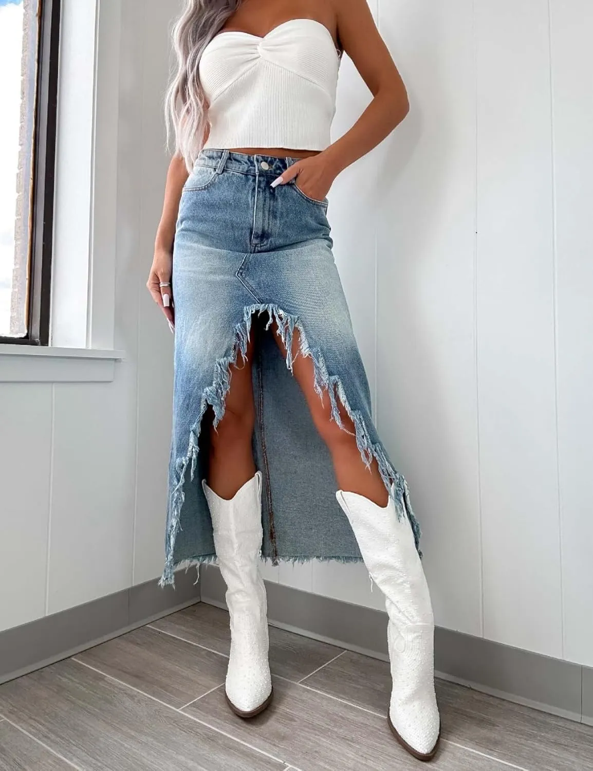 Perbai Womens High Waisted Ripped Long Denim Skirt Frayed Asymmetrical Front Split Jean Western Skirts