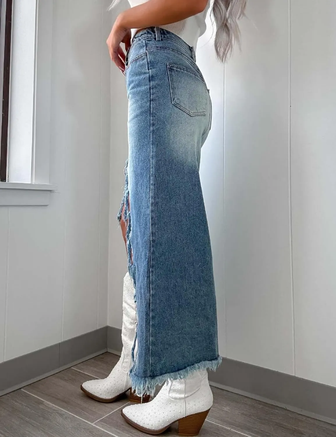 Perbai Womens High Waisted Ripped Long Denim Skirt Frayed Asymmetrical Front Split Jean Western Skirts