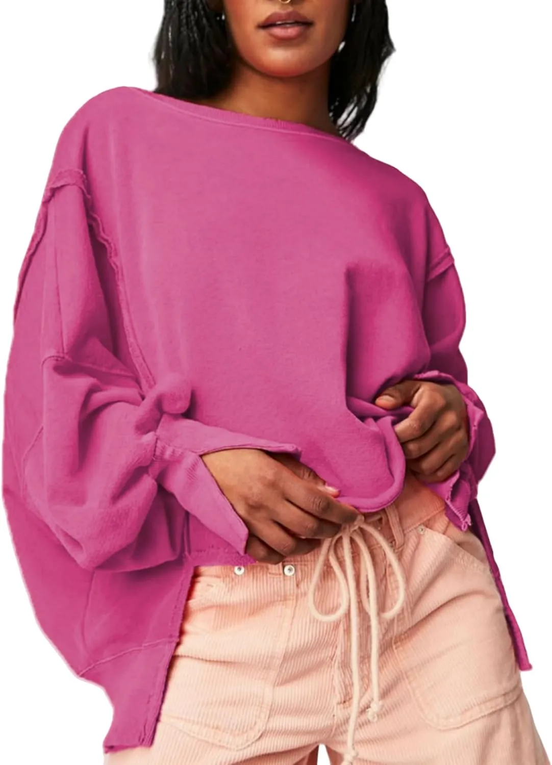 Perbai Womens Oversized Crewneck Sweatshirt Hoodies Reverse Seam Side Slit Long Sleeve Pullover Slouchy Fit Tops
