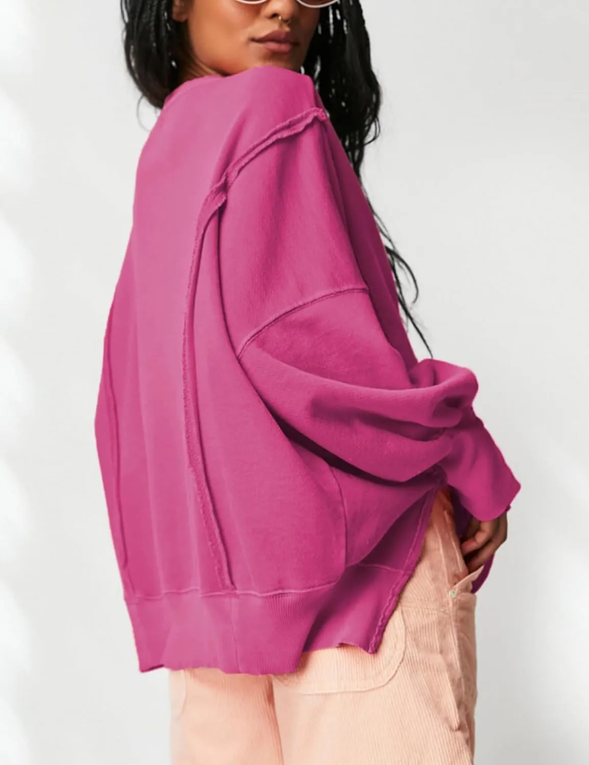 Perbai Womens Oversized Crewneck Sweatshirt Hoodies Reverse Seam Side Slit Long Sleeve Pullover Slouchy Fit Tops