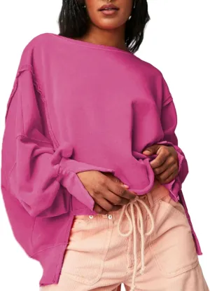 Perbai Womens Oversized Crewneck Sweatshirt Hoodies Reverse Seam Side Slit Long Sleeve Pullover Slouchy Fit Tops